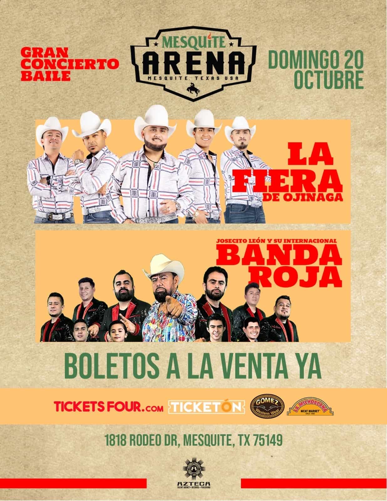 Promotional poster for a concert at Mesquite Arena on Sunday, October 20 featuring La Fiera de Ojinaga and Banda Roja, with tickets available through Ticketon and Tickets Four.