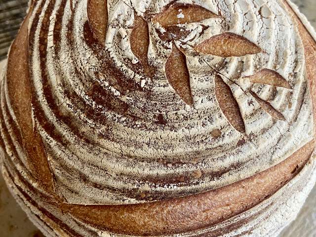 A round loaf of artisan bread with a spiral pattern and leaf design on the crust, dusted with flour.