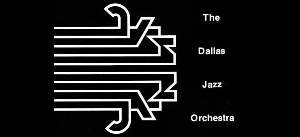 Logo of The Dallas Jazz Orchestra featuring white geometric lines on a black background with the text "The Dallas Jazz Orchestra" on the right.