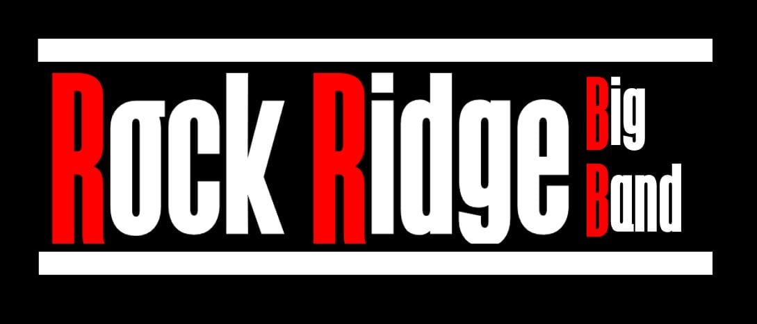 The image shows the logo for "Rock Ridge Big Band" with the text in bold white and red letters on a black background.