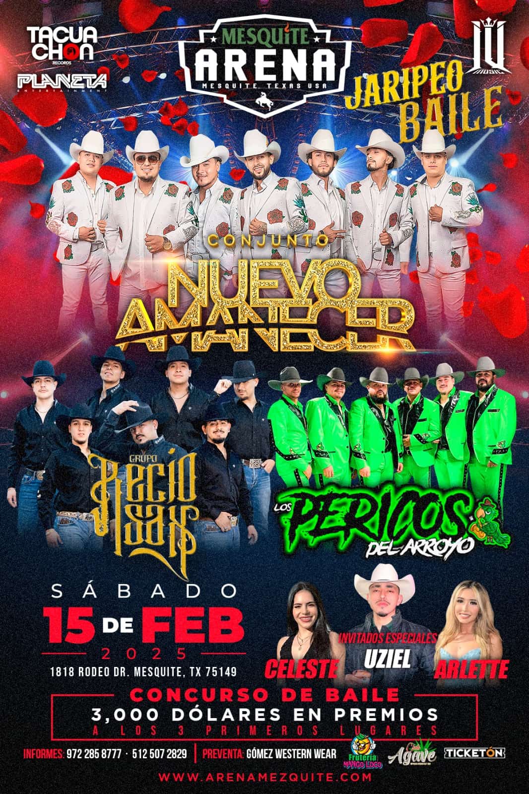 Concert poster featuring performers in western attire with text detailing event information, date, and location: Mesquite Arena, February 15, 2023. Includes dance contest and prize details.