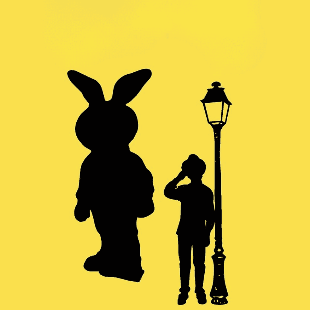 Silhouette of a small person with a hat standing by a streetlamp, facing a large rabbit figure on a yellow background.