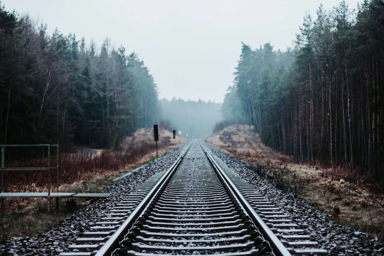 Railway tracks extend straight through a misty forest landscape, with trees lining both sides and a cloudy sky above.