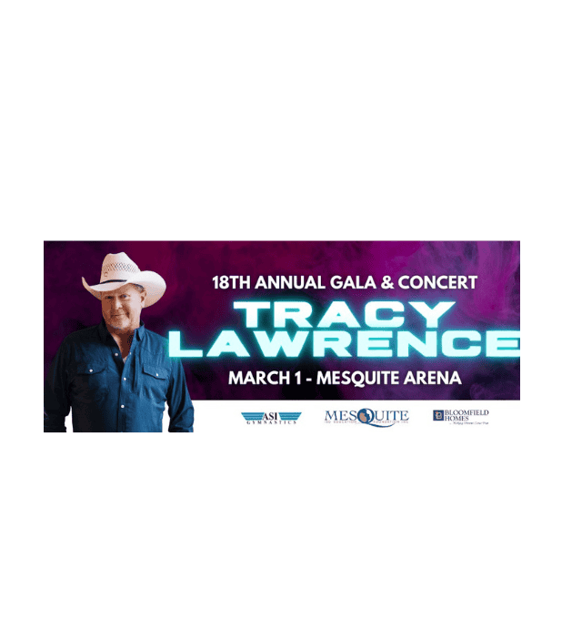 Concert advertisement featuring a person in a cowboy hat against a purple background. Text reads: "18th Annual Gala & Concert. Tracy Lawrence, March 1 - Mesquite Arena.